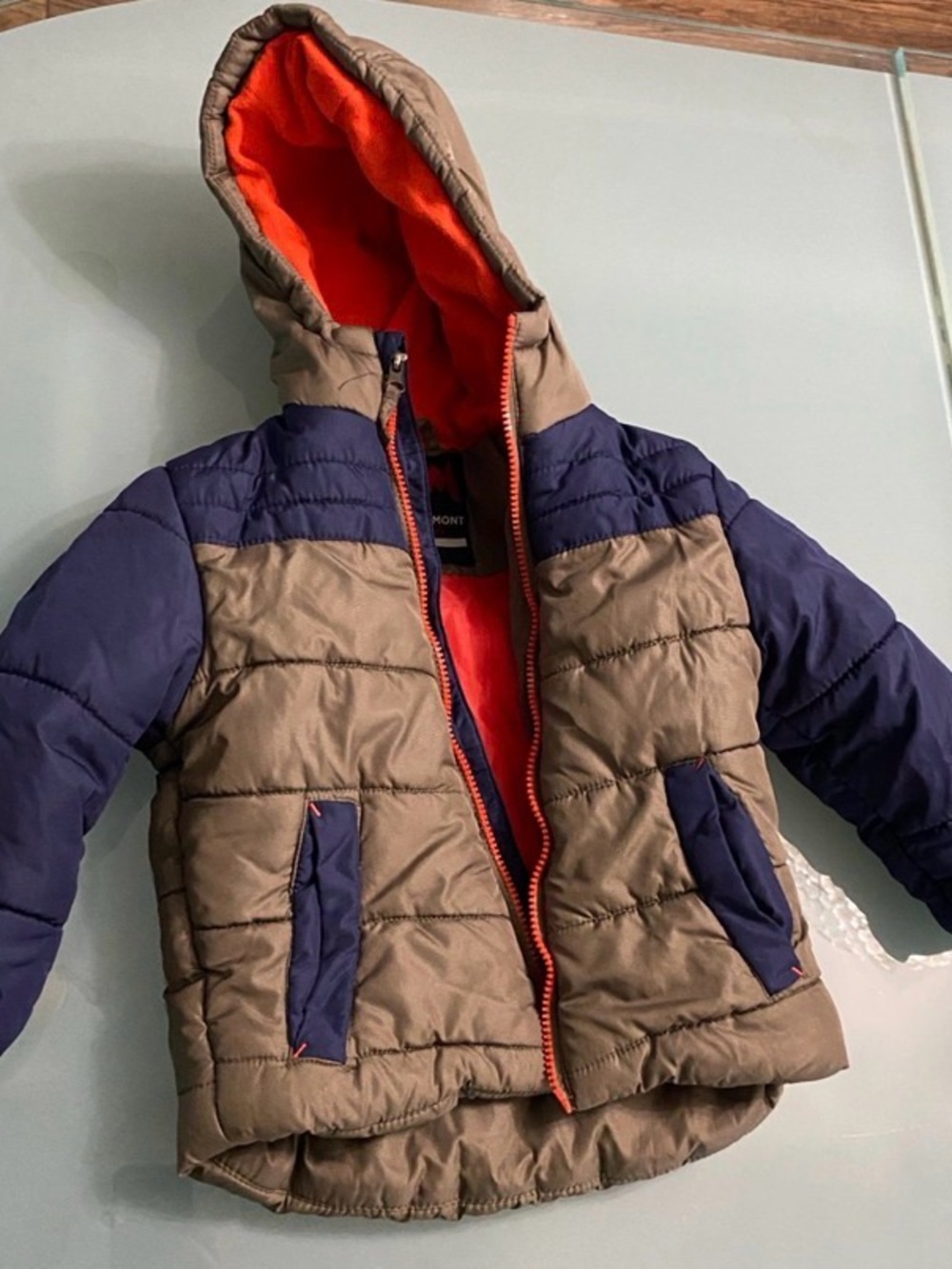 Children's Hooded Colorblock Puffer Jacket - Brown, Navy & Orange